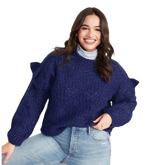 Old Navy Sweaters - Old Navy Blue Ruffle Trim Pointelle Long Sleeve Cozy Knit Sweater NWOT Size 3X